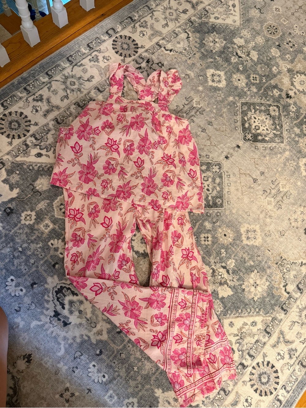 Girls Pink Floral Print 2 piece linen set